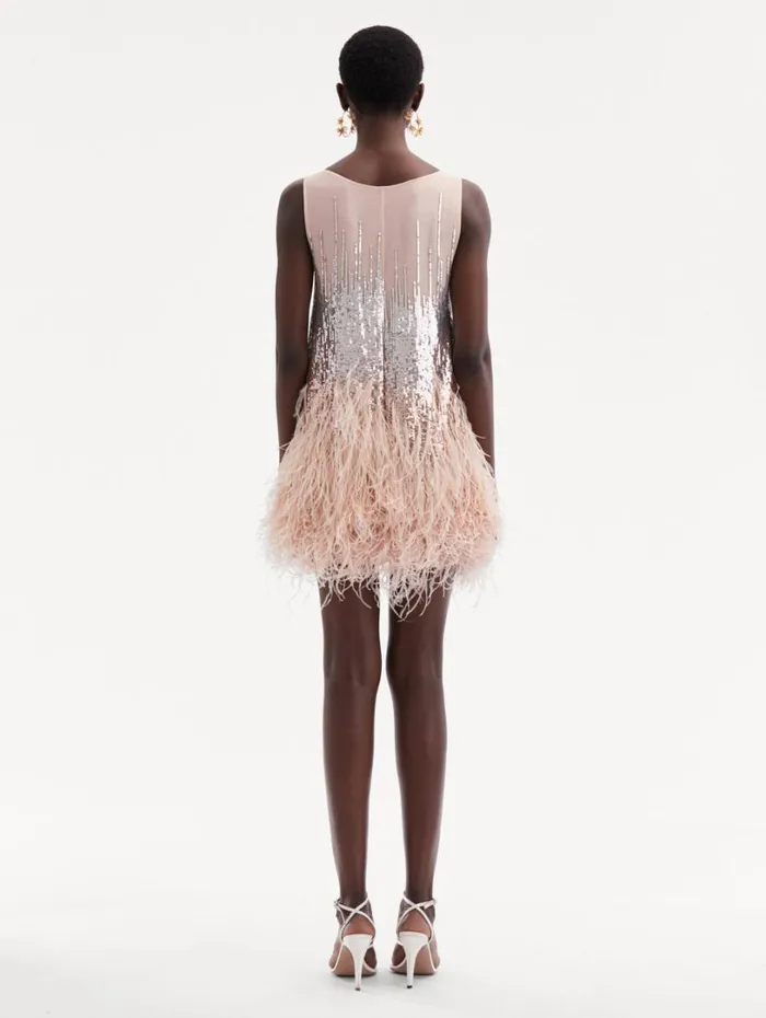 Oscar De La Renta Sequin and Feather Embroidered Dress Blush Women Dresses Oscar De La Renta Sequin and Feather Embroidered Dress Blush Women Dresses