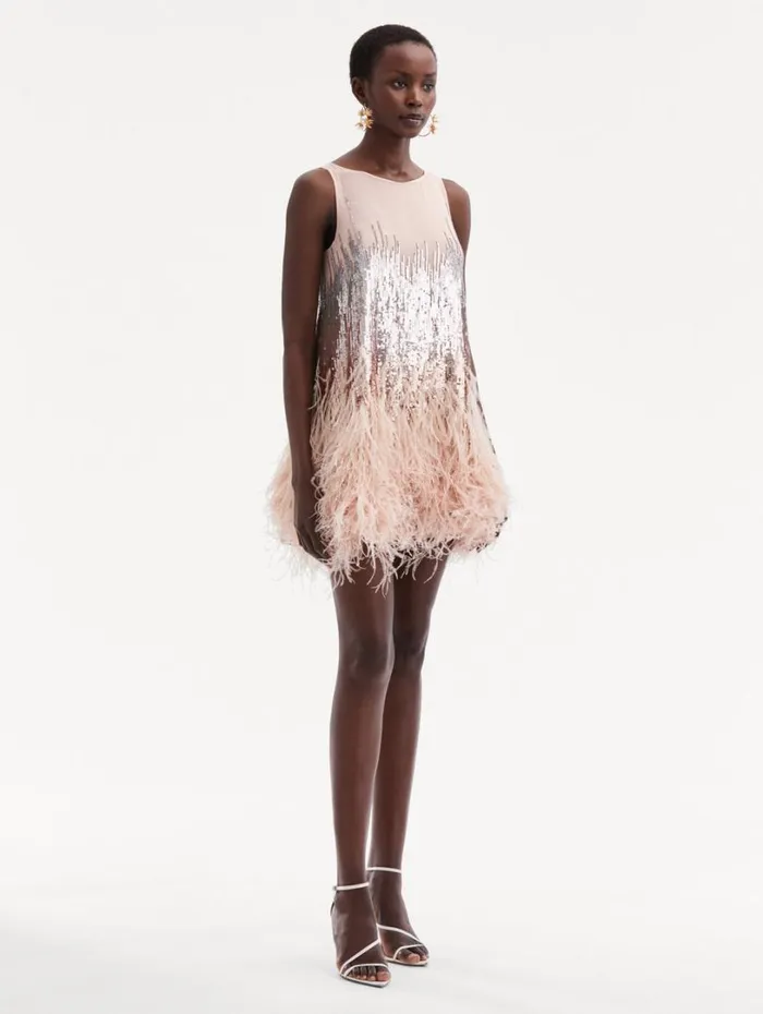 Oscar De La Renta Sequin and Feather Embroidered Dress Blush Women Dresses Oscar De La Renta Sequin and Feather Embroidered Dress Blush Women Dresses