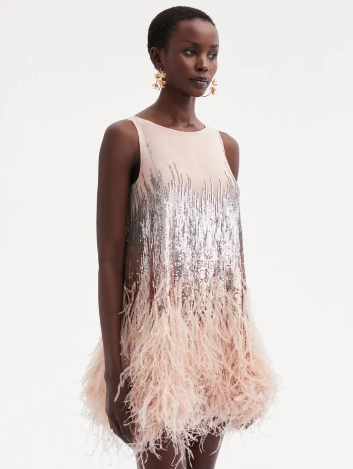 Oscar De La Renta Sequin and Feather Embroidered Dress Blush Women Dresses Oscar De La Renta Sequin and Feather Embroidered Dress Blush Women Dresses