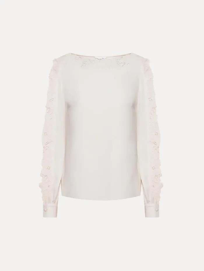 Oscar De La Renta Threadwork Embroidered Blouse Ivory Women Blouses and Knits