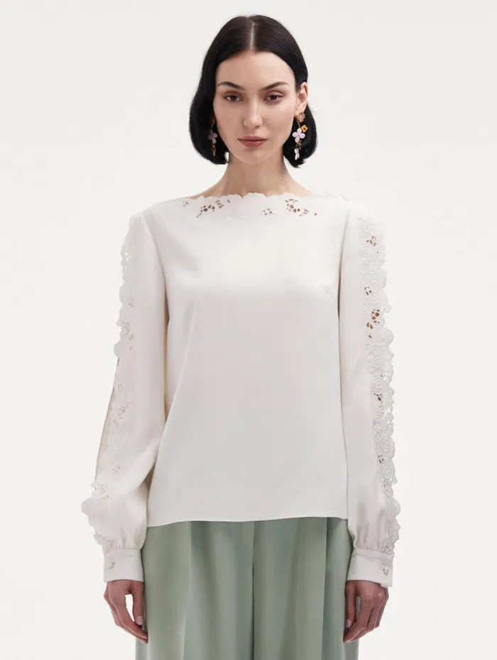 Oscar De La Renta Threadwork Embroidered Blouse Ivory Women Blouses and Knits