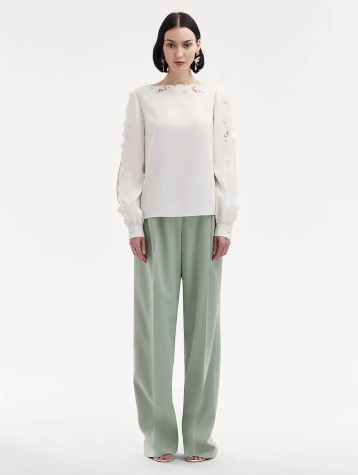 Oscar De La Renta Threadwork Embroidered Blouse Ivory Women Blouses and Knits