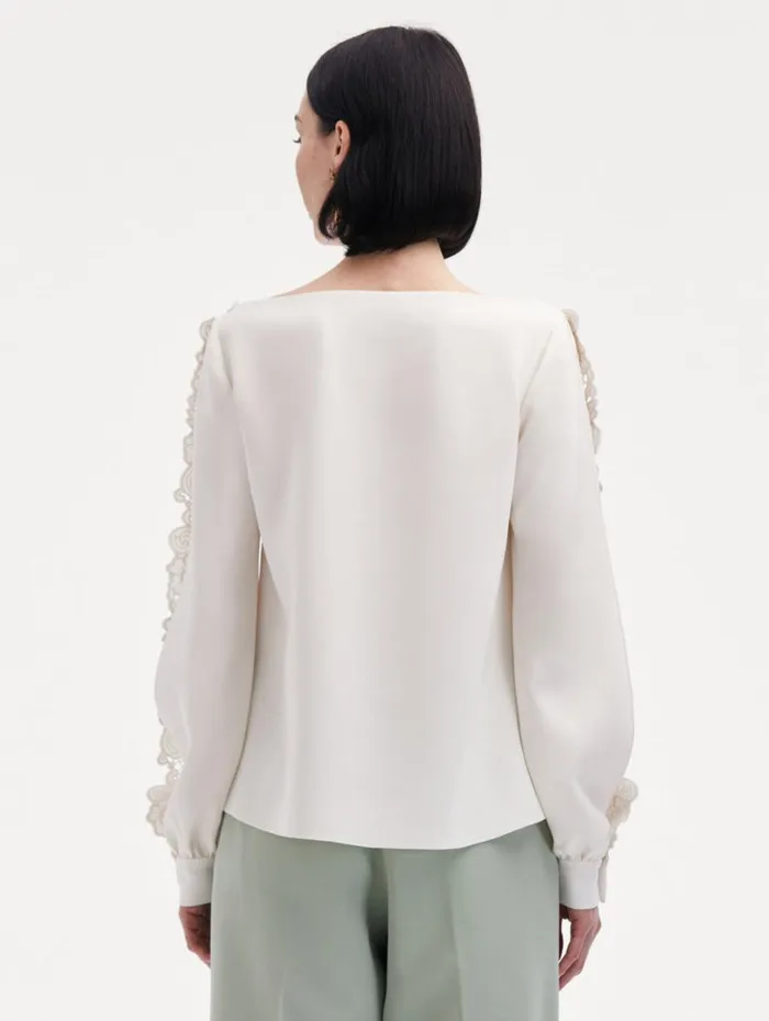 Oscar De La Renta Threadwork Embroidered Blouse Ivory Women Blouses and Knits