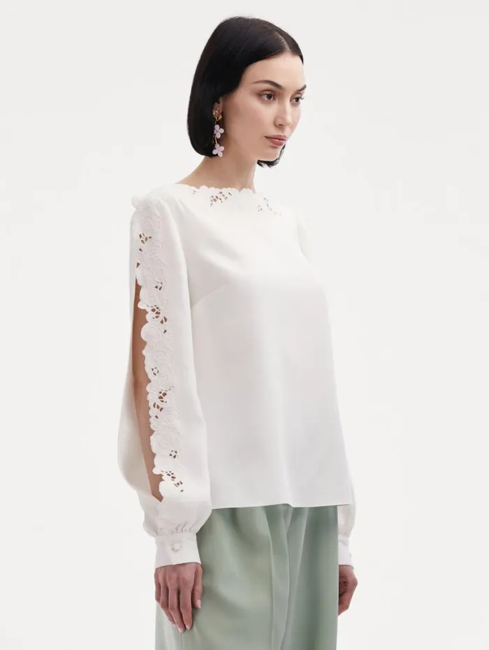Oscar De La Renta Threadwork Embroidered Blouse Ivory Women Blouses and Knits