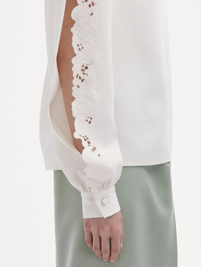 Oscar De La Renta Threadwork Embroidered Blouse Ivory Women Blouses and Knits