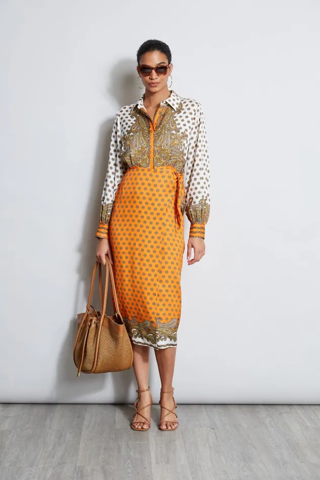 Outlet 8211 Women Dresses and Jumpsuits Elie Tahari Paisley Scarf Print Shirtdress Sun Paisley Print