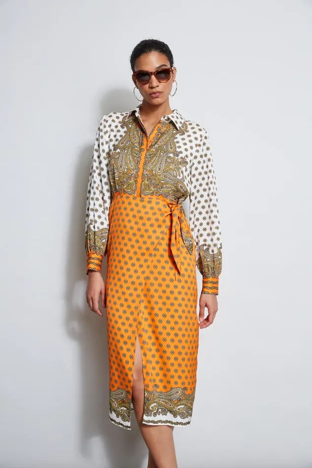 Outlet 8211 Women Dresses and Jumpsuits Elie Tahari Paisley Scarf Print Shirtdress Sun Paisley Print