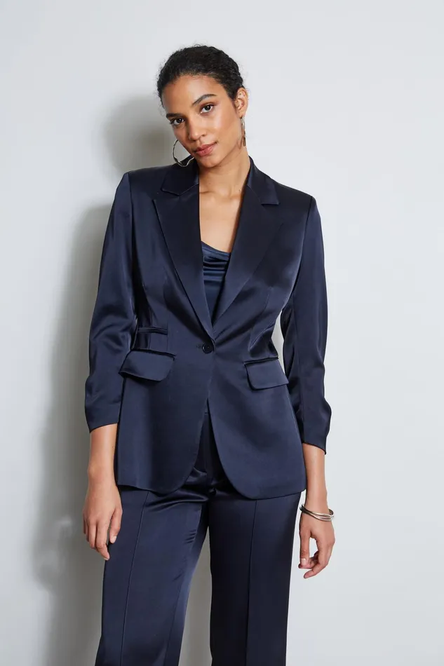 Outlet 8211 Women Jackets and Blazers Elie Tahari Satin Ruched Sleeve Blazer Stargazer