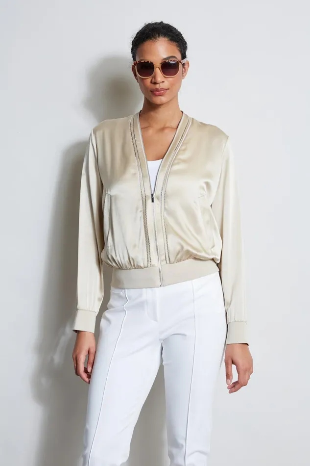 Outlet 8211 Women Jackets and Blazers Elie Tahari Silk Satin Bomber Jacket Driftwood