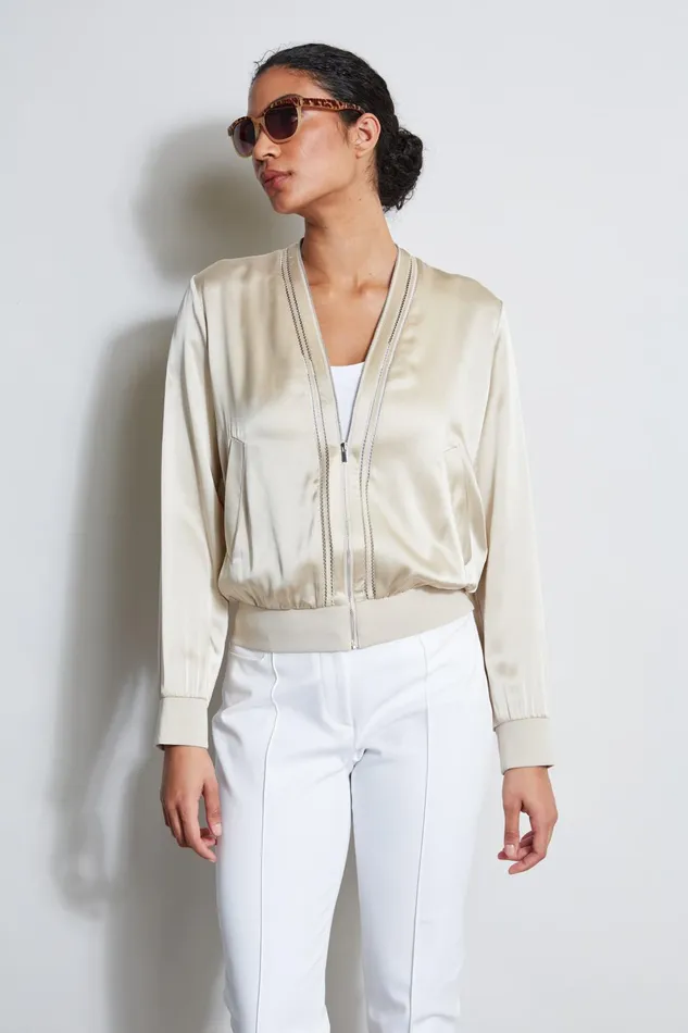 Outlet 8211 Women Jackets and Blazers Elie Tahari Silk Satin Bomber Jacket Driftwood