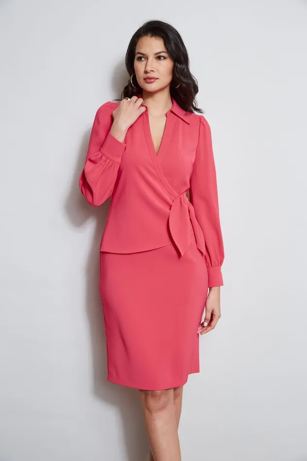 Outlet 8211 Women Long Sleeve Dresses Elie Tahari Mock Wrap Tie Dress Wild Strawberry