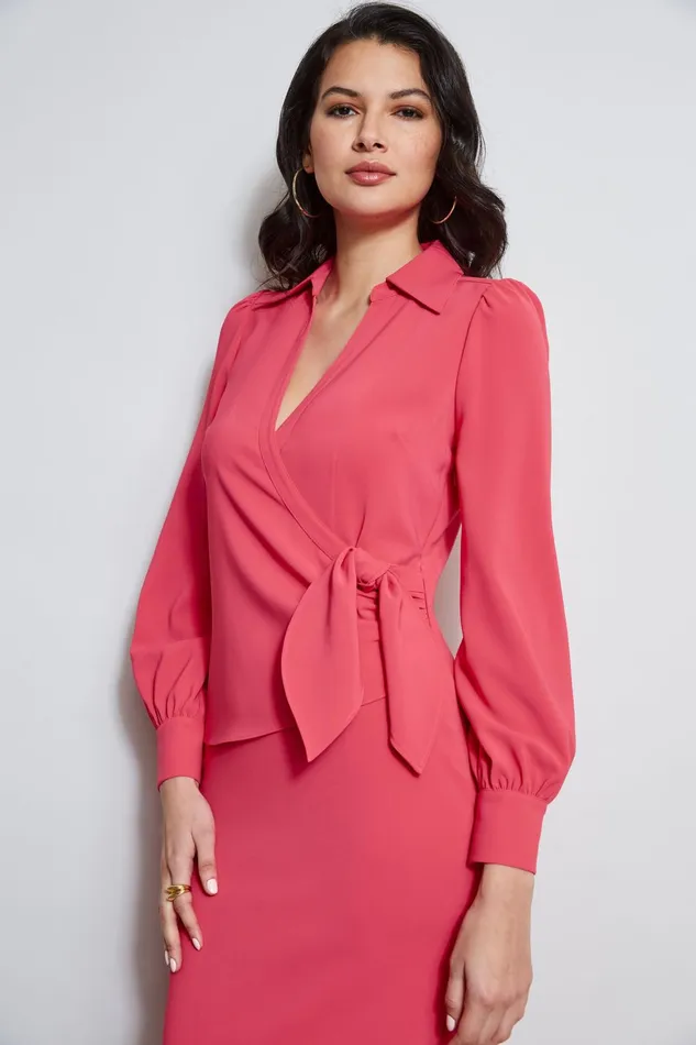Outlet 8211 Women Long Sleeve Dresses Elie Tahari Mock Wrap Tie Dress Wild Strawberry