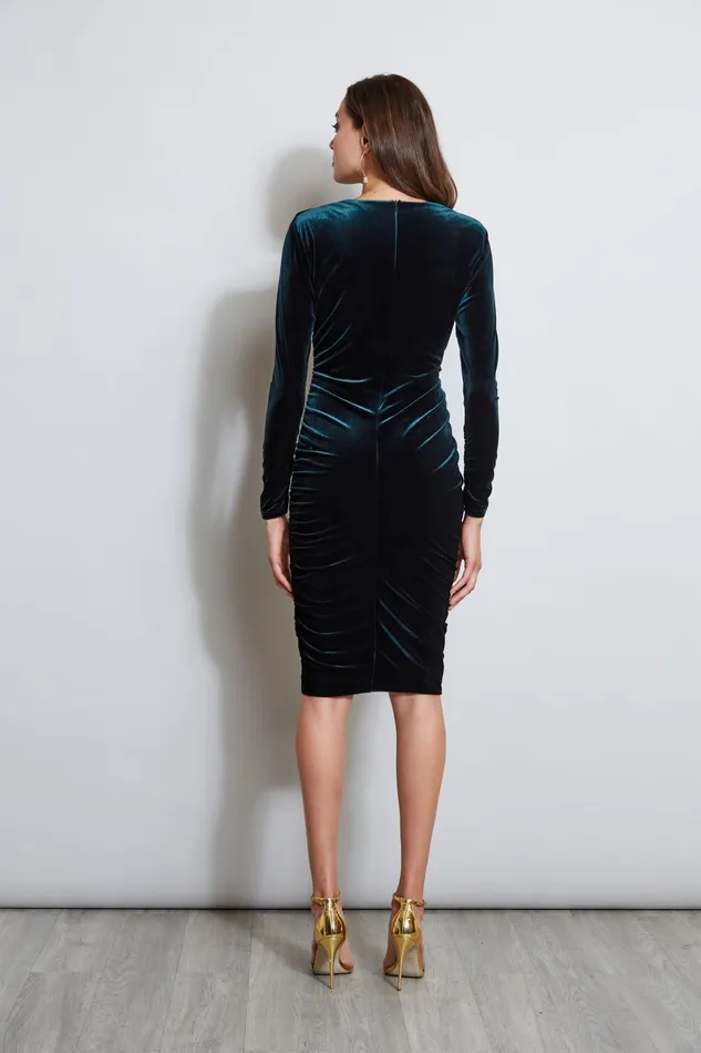 Outlet 8211 Women Long Sleeve Dresses Elie Tahari VNeck Ruched Velvet Dress Forest