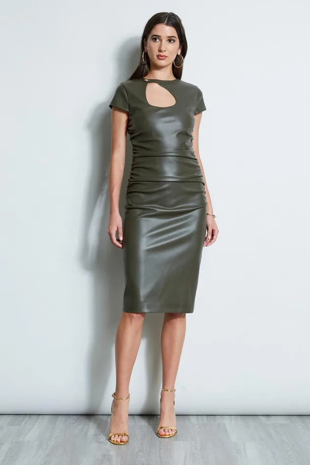 Outlet 8211 Women Midi Dresses Elie Tahari Vegan Leather Keyhole Dress Olive