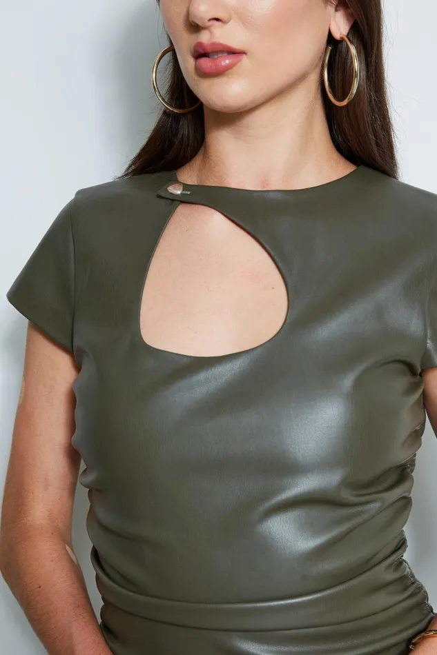 Outlet 8211 Women Midi Dresses Elie Tahari Vegan Leather Keyhole Dress Olive
