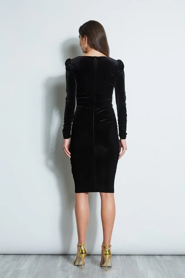 Outlet 8211 Women Short Dresses Elie Tahari Ruched Velvet Square Neck Dress Black