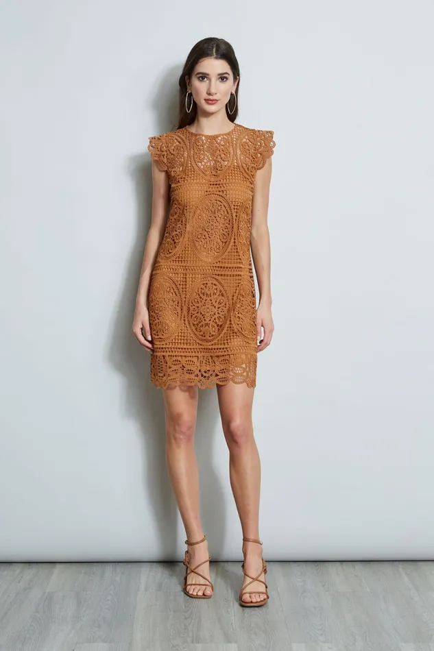 Outlet 8211 Women Short Sleeve Dresses Elie Tahari Lace Flutter Sleeve Dress Caramel