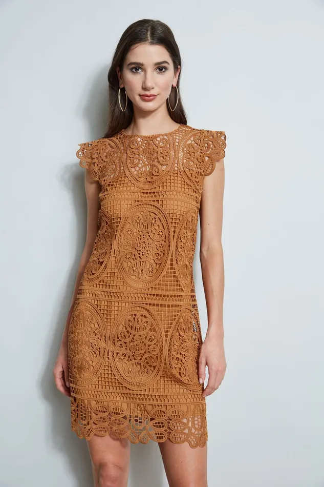 Outlet 8211 Women Short Sleeve Dresses Elie Tahari Lace Flutter Sleeve Dress Caramel