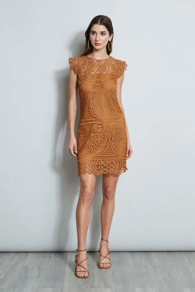 Outlet 8211 Women Short Sleeve Dresses Elie Tahari Lace Flutter Sleeve Dress Caramel