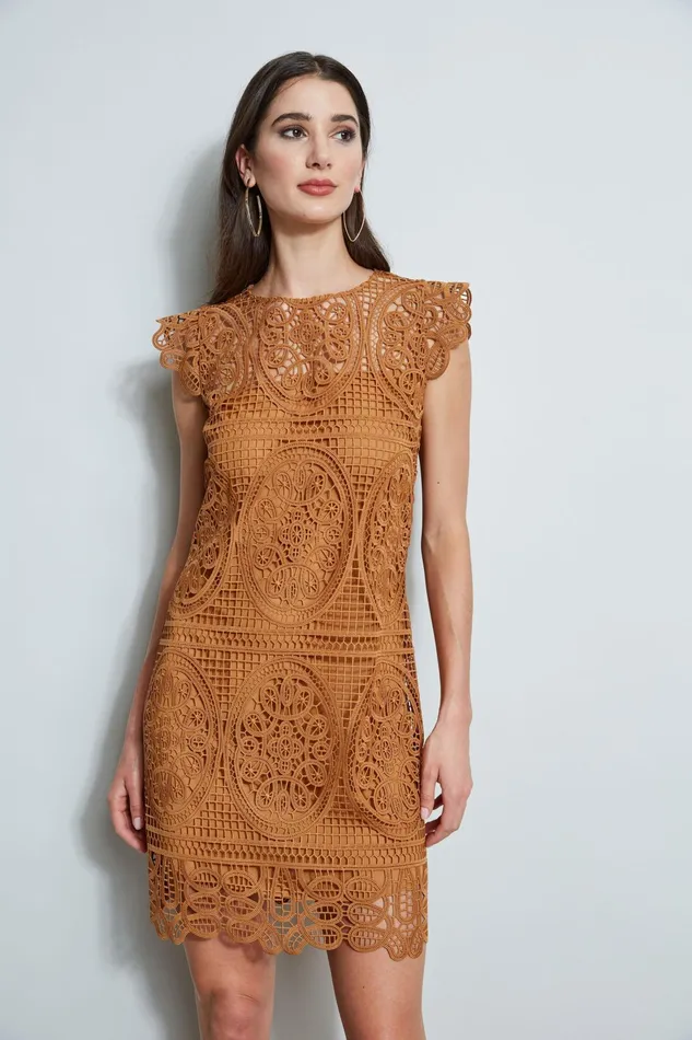 Outlet 8211 Women Short Sleeve Dresses Elie Tahari Lace Flutter Sleeve Dress Caramel