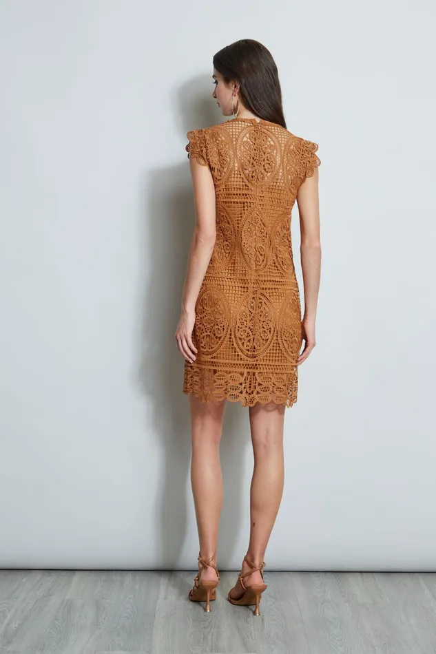 Outlet 8211 Women Short Sleeve Dresses Elie Tahari Lace Flutter Sleeve Dress Caramel
