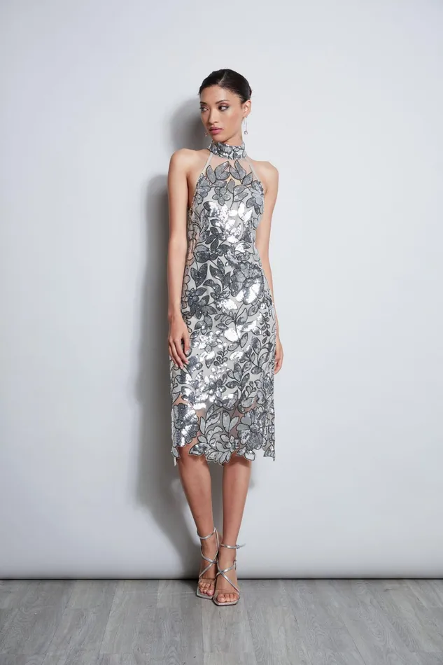 Outlet 8211 Women Sleeveless Dresses Elie Tahari Sequin Floral Halter Dress Silver Multi
