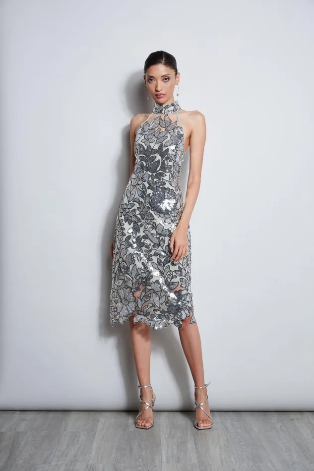 Outlet 8211 Women Sleeveless Dresses Elie Tahari Sequin Floral Halter Dress Silver Multi
