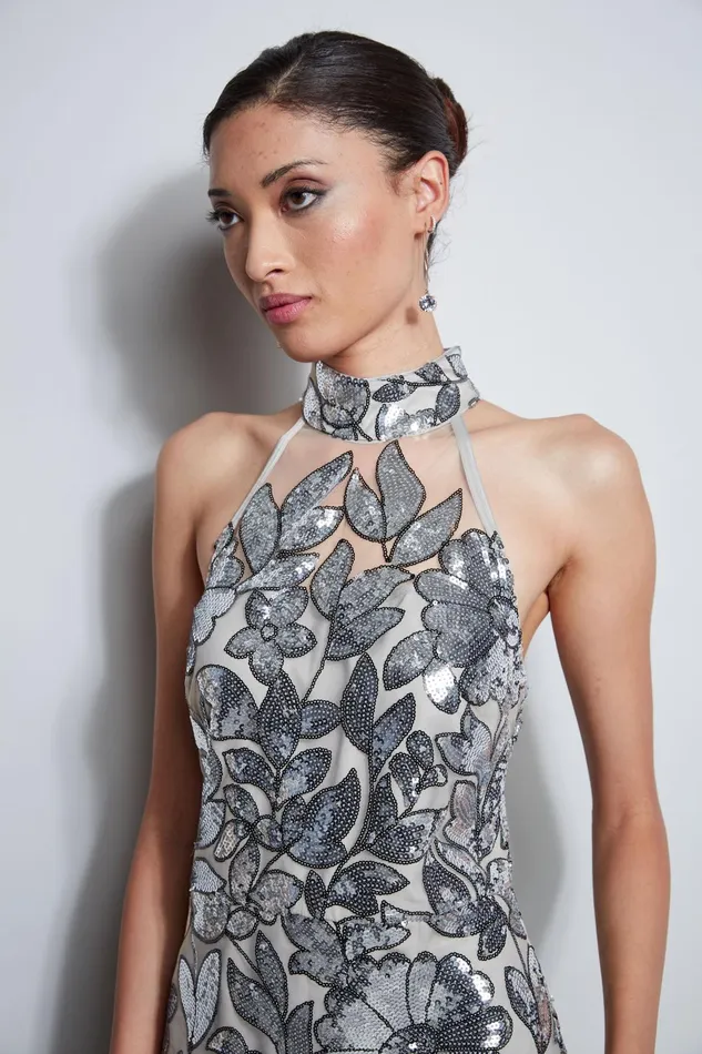 Outlet 8211 Women Sleeveless Dresses Elie Tahari Sequin Floral Halter Dress Silver Multi