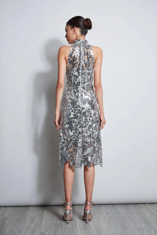 Outlet 8211 Women Sleeveless Dresses Elie Tahari Sequin Floral Halter Dress Silver Multi