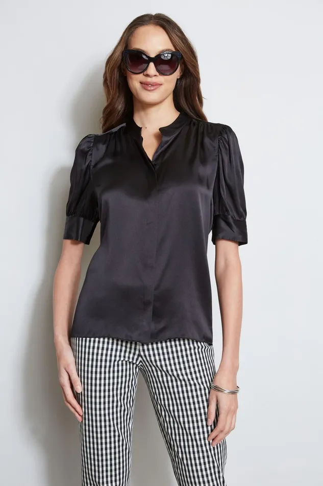 Outlet 8211 Women Suiting Elie Tahari Silk Satin Ruched Sleeve Shirt Black