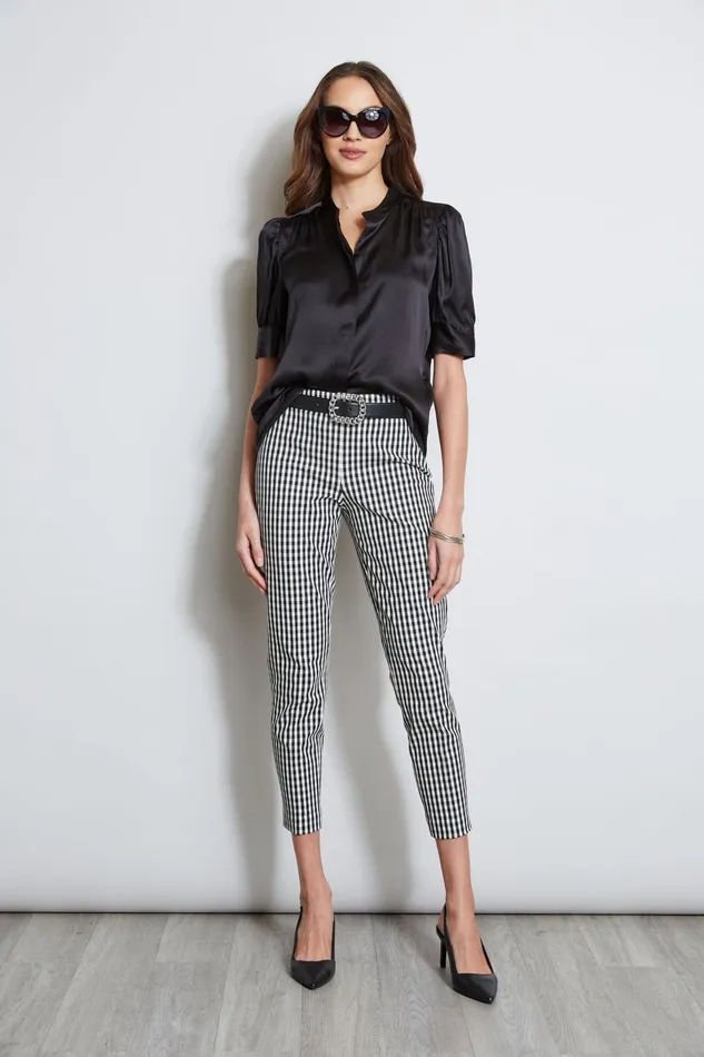 Outlet 8211 Women Suiting Elie Tahari Silk Satin Ruched Sleeve Shirt Black
