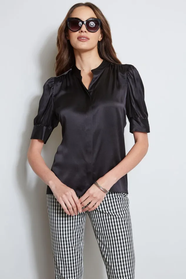 Outlet 8211 Women Suiting Elie Tahari Silk Satin Ruched Sleeve Shirt Black