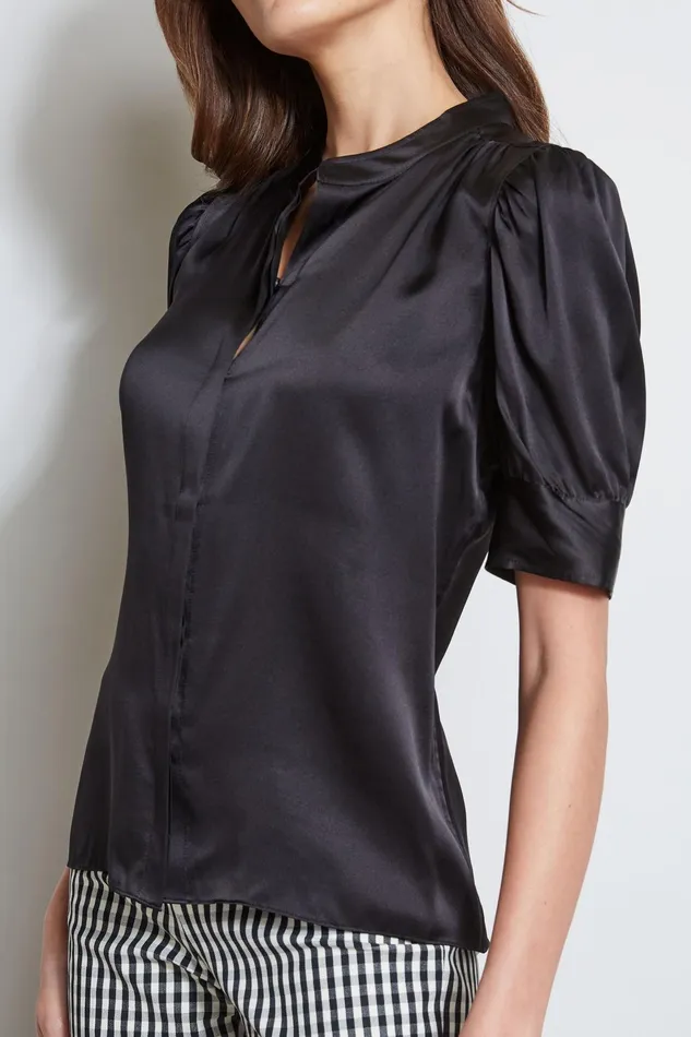 Outlet 8211 Women Suiting Elie Tahari Silk Satin Ruched Sleeve Shirt Black