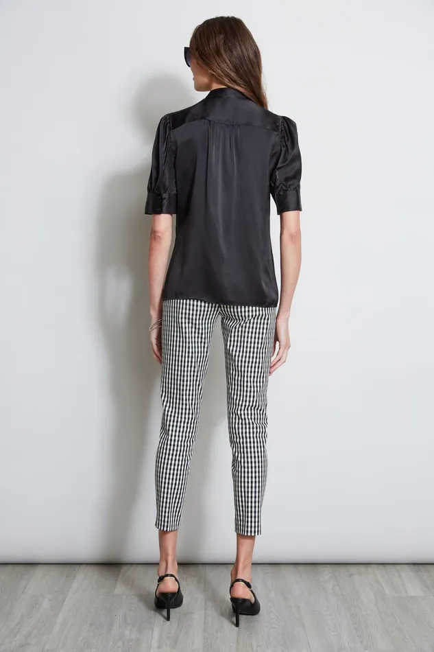 Outlet 8211 Women Suiting Elie Tahari Silk Satin Ruched Sleeve Shirt Black