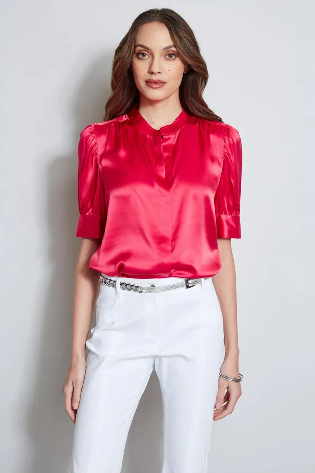 Outlet 8211 Women Suiting Elie Tahari Silk Satin Ruched Sleeve Shirt Wild Strawberry