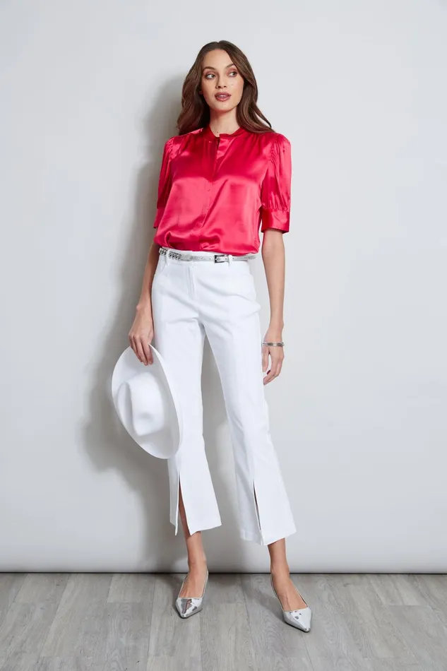 Outlet 8211 Women Suiting Elie Tahari Silk Satin Ruched Sleeve Shirt Wild Strawberry