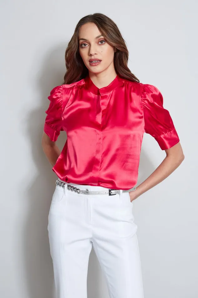 Outlet 8211 Women Suiting Elie Tahari Silk Satin Ruched Sleeve Shirt Wild Strawberry