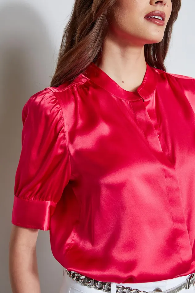 Outlet 8211 Women Suiting Elie Tahari Silk Satin Ruched Sleeve Shirt Wild Strawberry
