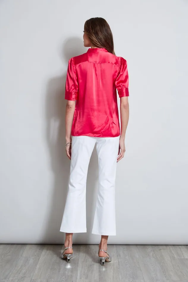 Outlet 8211 Women Suiting Elie Tahari Silk Satin Ruched Sleeve Shirt Wild Strawberry