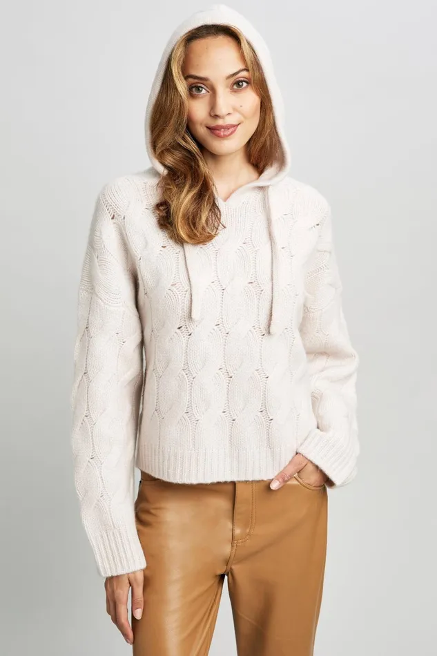 Outlet 8211 Women Tops Elie Tahari Cashmere Cable Hooded Sweater Buttercream
