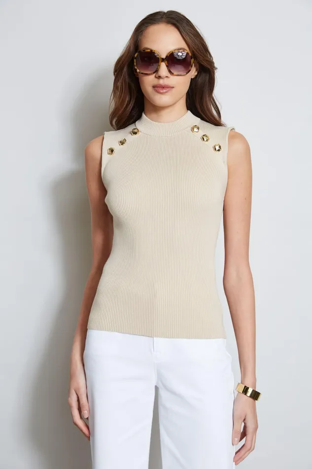 Outlet 8211 Women Tops Elie Tahari Crest Button Mock Neck Sweater Sand