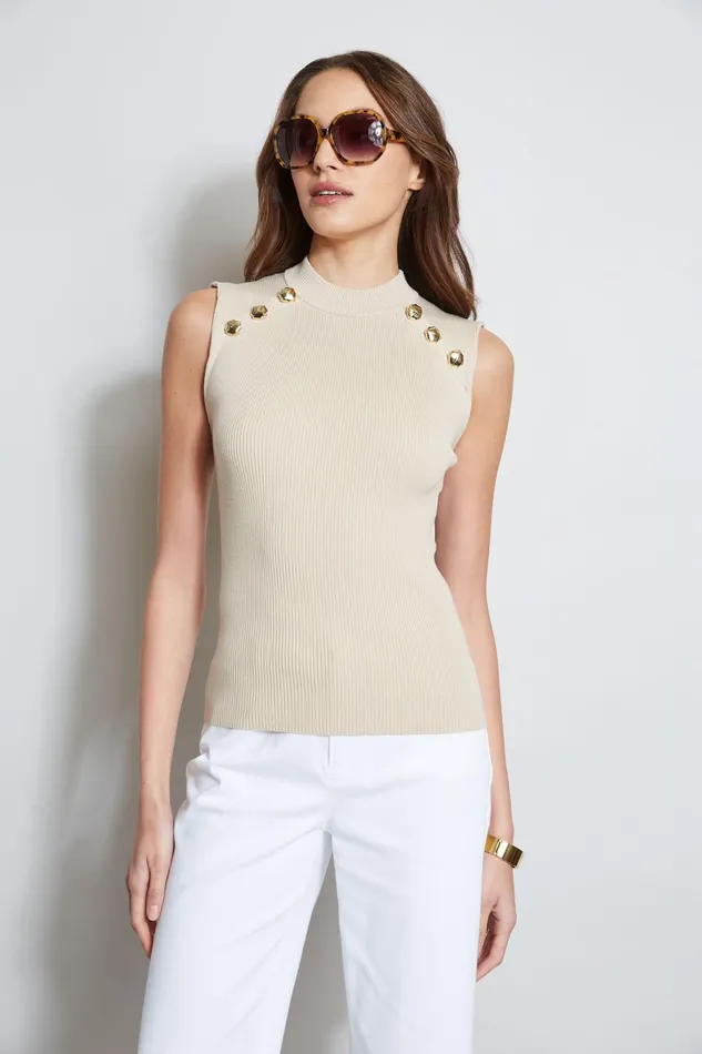 Outlet 8211 Women Tops Elie Tahari Crest Button Mock Neck Sweater Sand