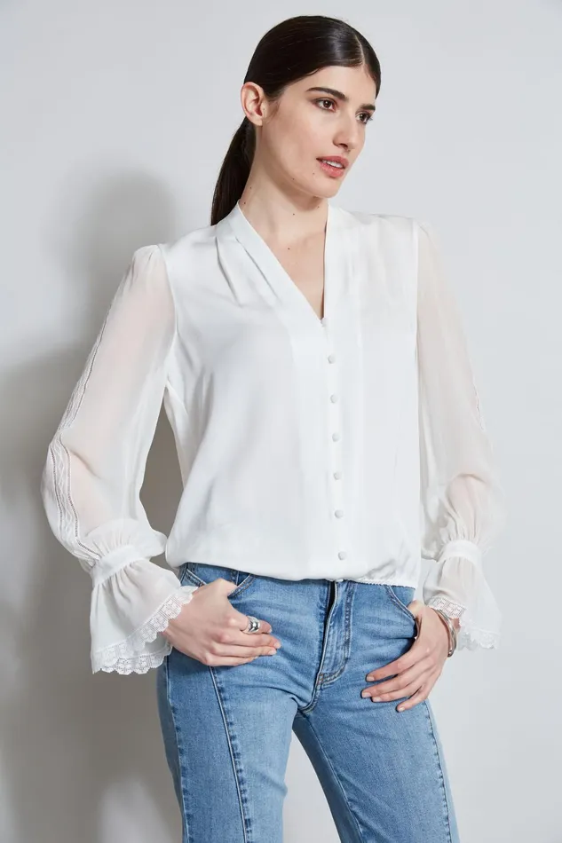 Outlet 8211 Women Tops Elie Tahari Embroidered Sleeve Blouson Shirt Fresh Pearl