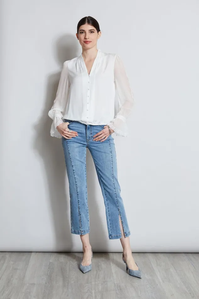 Outlet 8211 Women Tops Elie Tahari Embroidered Sleeve Blouson Shirt Fresh Pearl