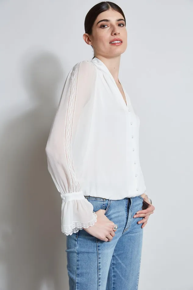 Outlet 8211 Women Tops Elie Tahari Embroidered Sleeve Blouson Shirt Fresh Pearl