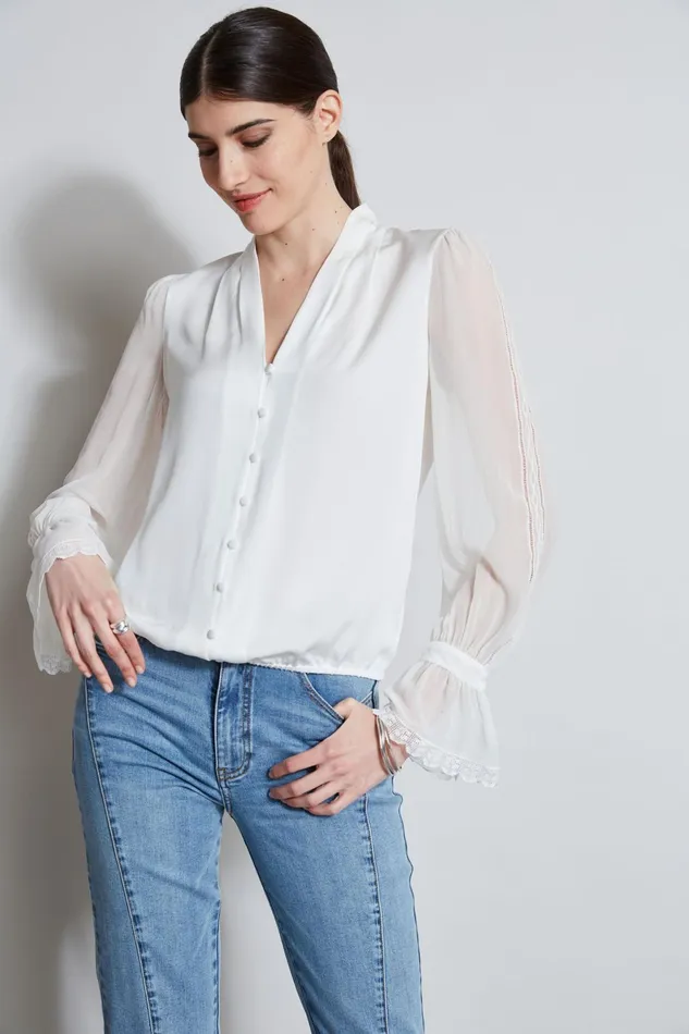 Outlet 8211 Women Tops Elie Tahari Embroidered Sleeve Blouson Shirt Fresh Pearl
