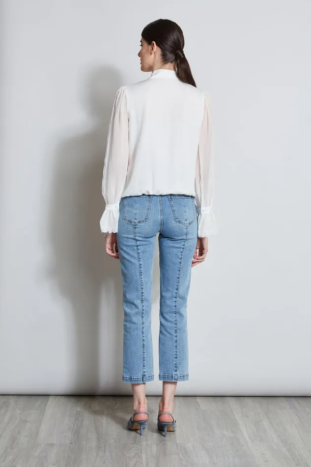 Outlet 8211 Women Tops Elie Tahari Embroidered Sleeve Blouson Shirt Fresh Pearl