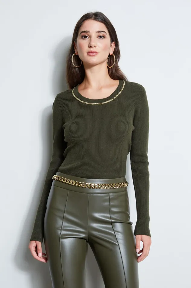 Outlet 8211 Women Tops Elie Tahari Rib Chain Detail Sweater Olive