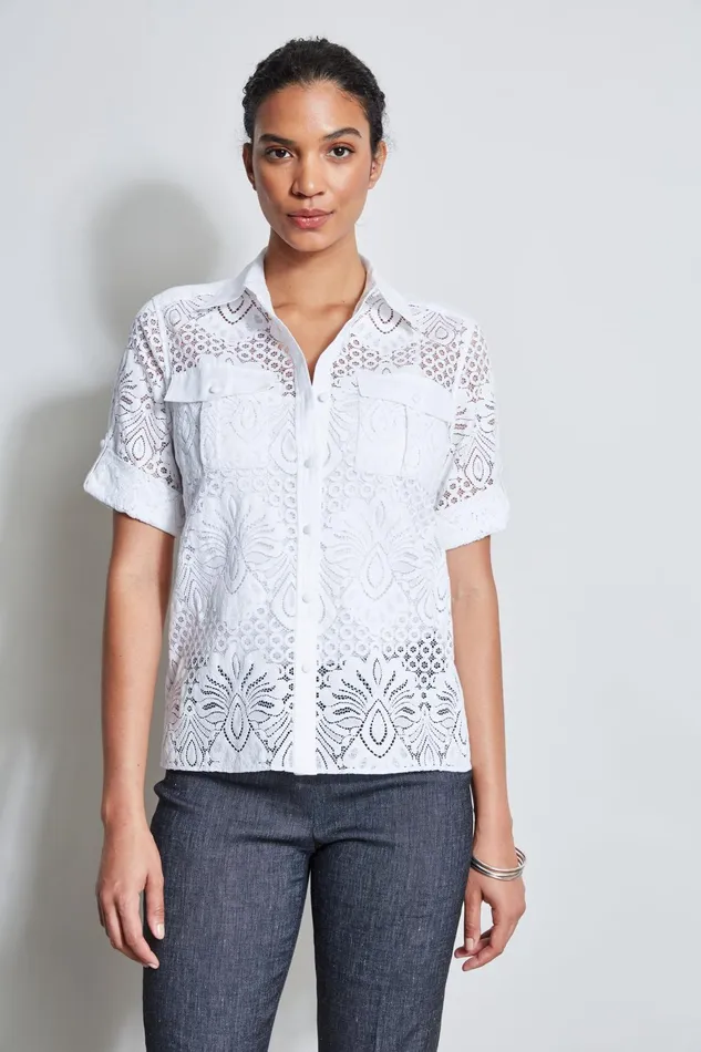 Outlet 8211 Women Tops Elie Tahari Short Sleeve Lace Utility Shirt White