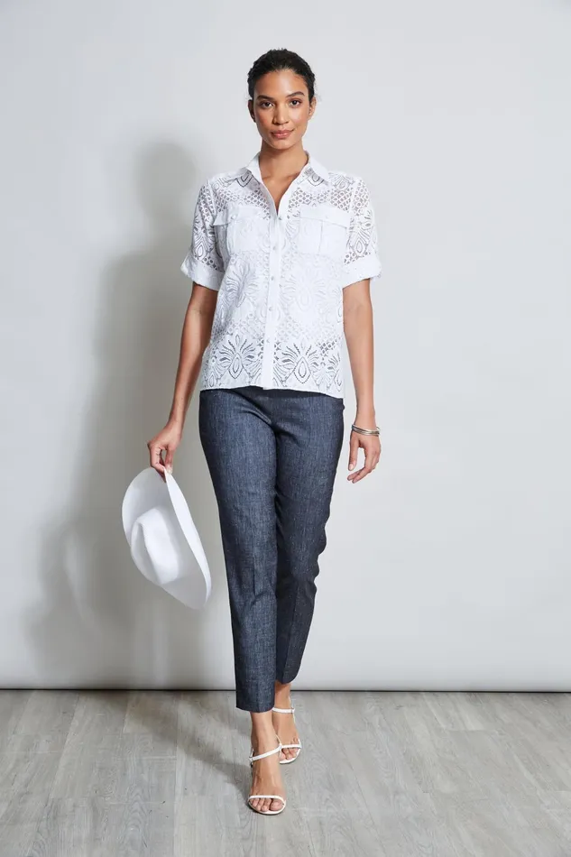 Outlet 8211 Women Tops Elie Tahari Short Sleeve Lace Utility Shirt White